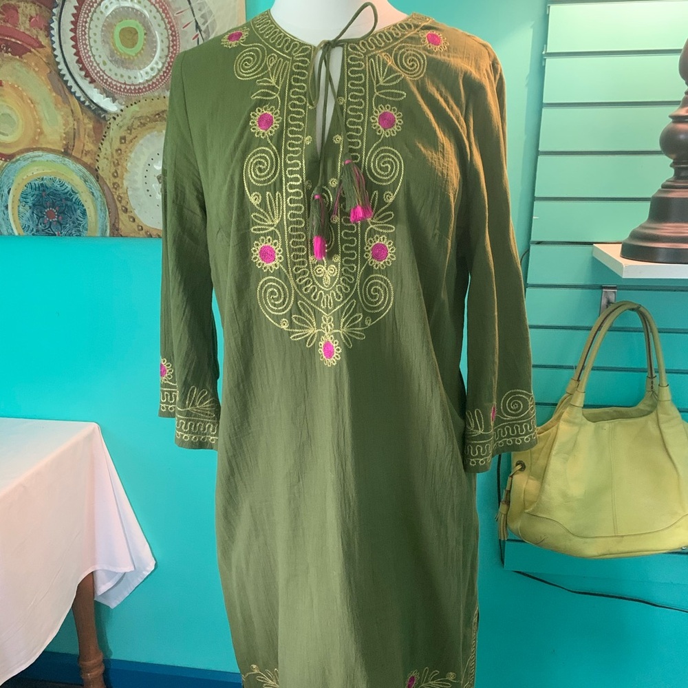 Trina Turk Cotton Dress Olive Green Size Large